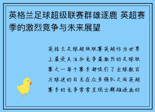 英格兰足球超级联赛群雄逐鹿 英超赛季的激烈竞争与未来展望